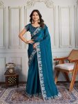 FASHIONABLE CHIFFON SILK EMBROIDERY WITH CUTWORK BORDER SAREE WITH UNSTITCHED BLOUSE TEAL