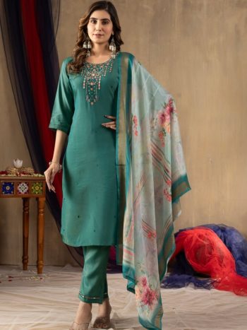 FASHIONABLE SHIMMER GOLD SILK MULTI EMBROIDERY THREAD, WITH HAND WORK TOP BOTTOM WITH DUPATTA GREEN