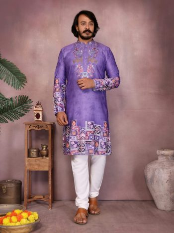 NEW ARRIVAL KHADI COTTON NECK EMBROIDERY SEQUENCE WORK AND PRINT WORK KURTA WITH PAYJAMA PURPLE