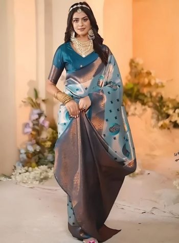 LATEST BANARASI LICHI SILK WEAVING WORK SAREE WITH UNSTITCHED BLOUSE SKY