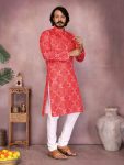 LATEST COTTON SEQUENCE WORK AND PRINTED MEN'S KURTA PAYJAMA RED