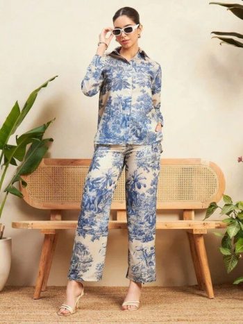 LATEST HEAVY RAYON PRINT WORK CO-ORD SET BLUE
