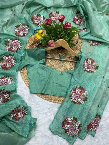 MODERN GOLD CRUSH MULTI COLOR THREAD WORK SAREE WITH UNSTITCHED BLOUSE SKY