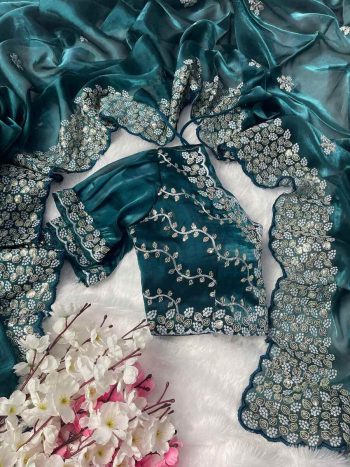 MODERN JIMMY CHOO SILK SEQUENCE WITH ARC BORDER WORK SAREE WITH STITCHED BLOUSE RAMA