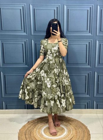 MODERN MUSLIN COTTON PRINT WITH STYLISH 3 LAYER PATTERN WORK ONE PIECE MEHNDI