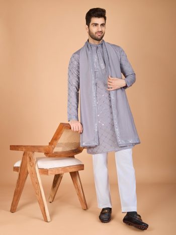 MODERN VISCOSE SILK THREAD WITH SEQUENCE EMBROIDERY WORK MEN'S KURTA WITH DUPATTA GREY