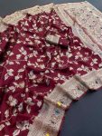 NEW ARRIVAL BANARASI SILK FLOWERS AND MINA WITH ZARI WEAVING BORDER WORK SAREE WITH UNSTITCHED BLOUSE MAROON