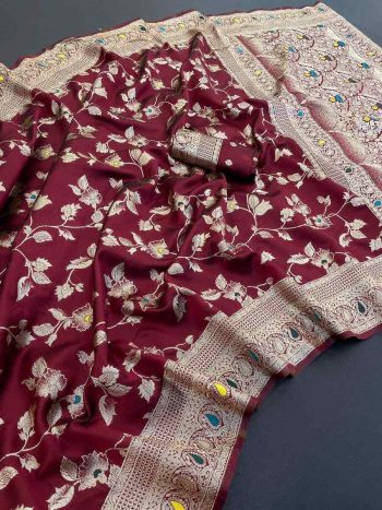 NEW ARRIVAL BANARASI SILK FLOWERS AND MINA WITH ZARI WEAVING BORDER WORK SAREE WITH UNSTITCHED BLOUSE MAROON