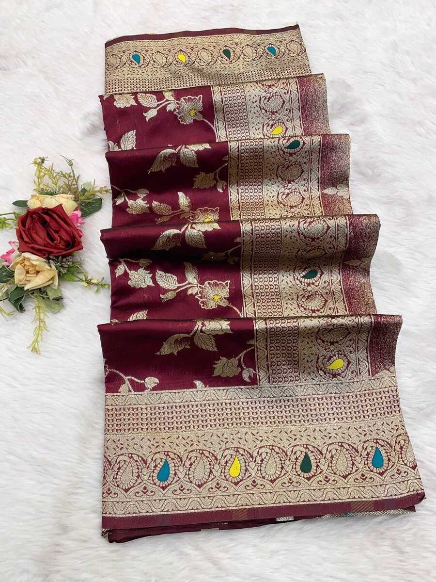2NEW ARRIVAL BANARASI SILK FLOWERS AND MINA WITH ZARI WEAVING BORDER WORK SAREE WITH UNSTITCHED BLOUSE FESTIVE WEAR WHOLESALE PRICE ETHNIC GARMENT (18)