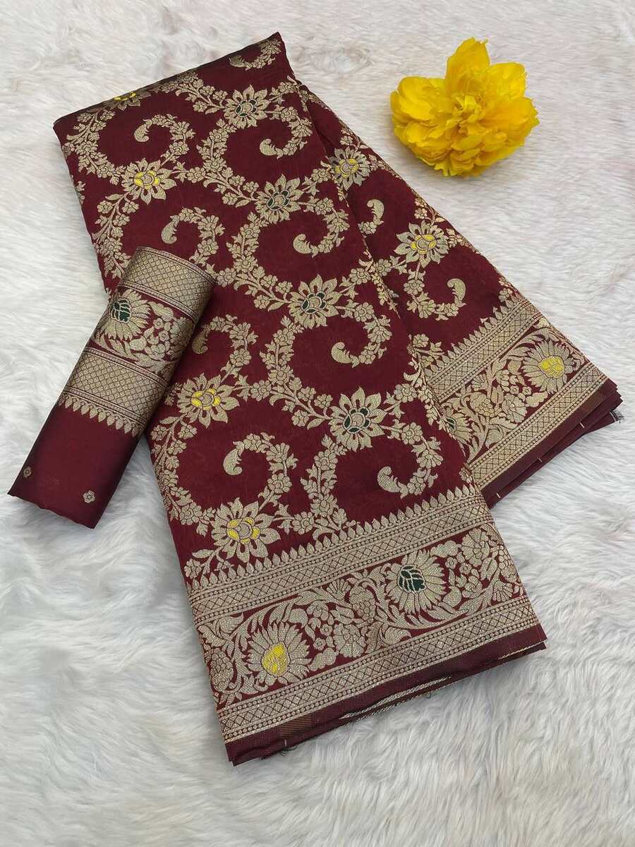 2NEW ARRIVAL BANARASI SILK FLOWERS AND MINA WITH ZARI WEAVING BORDER WORK SAREE WITH UNSTITCHED BLOUSE FESTIVE WEAR WHOLESALE PRICE ETHNIC GARMENT (2)