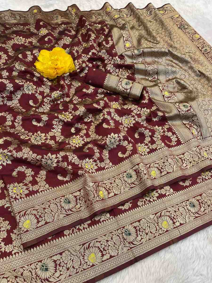 2NEW ARRIVAL BANARASI SILK FLOWERS AND MINA WITH ZARI WEAVING BORDER WORK SAREE WITH UNSTITCHED BLOUSE FESTIVE WEAR WHOLESALE PRICE ETHNIC GARMENT (3)