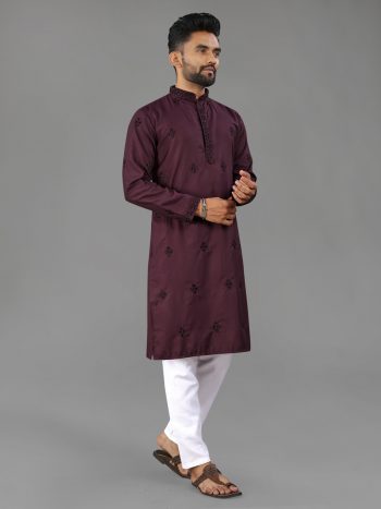 NEW ARRIVAL COTTON MATCHING VAL-MOTI BUTTA WORK MEN'S KURTA PAYJAMA WINE