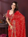 2NEW ARRIVAL GEORGETTE DIGITAL PRINT WITH EMBROIDERY WORK BORDER WORK SAREE WITH UNSTITCHED BLOUSE FESTIVE WEAR WHOLESALE PRICE ETHNIC GARMENT (8)