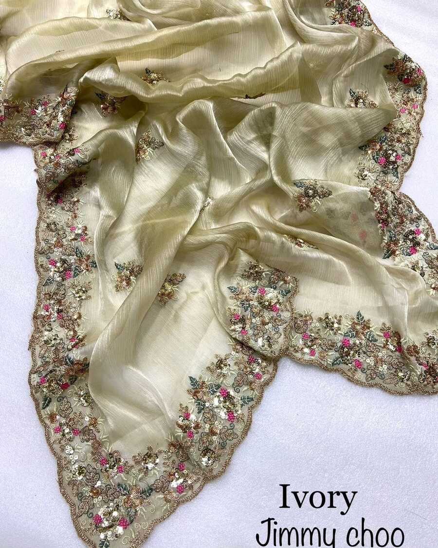 2NEW ARRIVAL JIMMY CHOO SILK SEQUENCE WITH ARCO BORDER WORK SAREE WITH UNSTITCHED BLOUSE WEDDING WEAR WHOLESALE PRICE ETHNIC GARMENT (8)