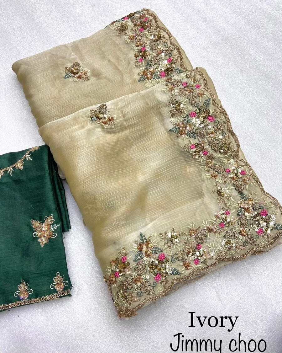 2NEW ARRIVAL JIMMY CHOO SILK SEQUENCE WITH ARCO BORDER WORK SAREE WITH UNSTITCHED BLOUSE WEDDING WEAR WHOLESALE PRICE ETHNIC GARMENT (9)
