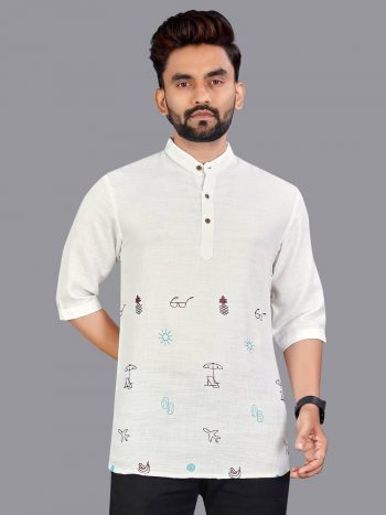 NEW ARRIVAL LINEN HAND-WOVEN MEN'S SHORT KURTA WHITE