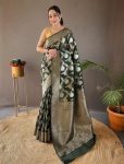 NEW ARRIVAL LINEN SLUB WEAVING WORK SAREE WITH UNSTITCHED BLOUSE GREEN