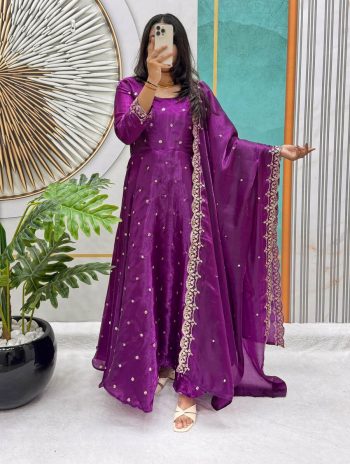 NEW ARRIVAL SPACE SILK SEQUENCE EMBROIDERY WORK GOWN WITH DUPATTA PURPLE