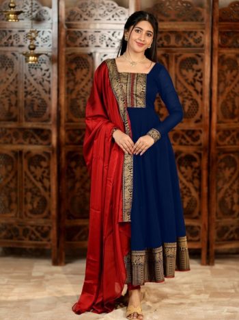 NEW ARRIVAL VICHITRA SILK JACQUARD LACE WORK ANARKALI TOP WITH DUPATTA NAVY BLUE
