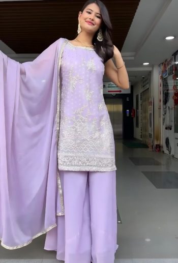 RICH LOOK GEORGETTE EMBROIDERY SEQUENCE WORK TOP PALAZZO WITH DUPATTA LAVENDER