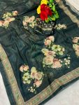 RICH LOOK LINEN FLORAL DIGITAL WITH FOIL PRINT WORK SAREE WITH UNSTITCHED BLOUSE GREEN