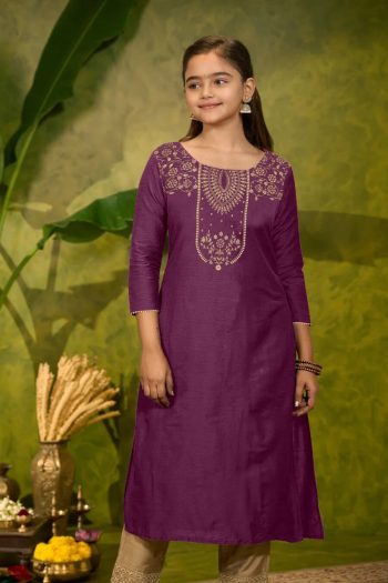 RICH LOOK MAGIC COTTON FOIL PRINT WORK KID'S ONLY KURTI WINE
