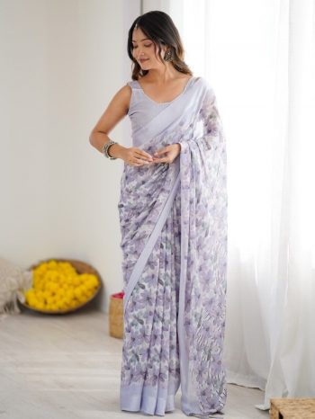ATTRACTIVE BRIGHT MOSS SATIN PRINTED WORK SAREE WITH UNSTITCHED BLOUSE LAVENDER