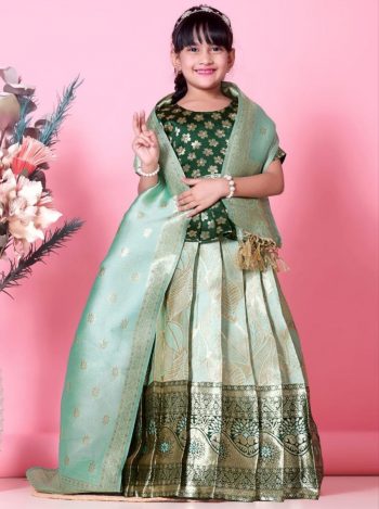 ATTRACTIVE JACQUARD WEAVING DESIGN WORK LEHENGA CHOLI WITH DUPATTA GREEN