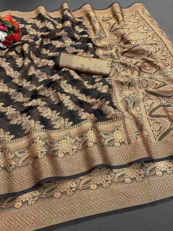 BOLLYWOOD ORGANZA DESIGNER BORDER WORK SAREE WITH UNSTITCHED BLOUSE BLACK