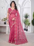 DESIGNER BUTTERFLY NET EMBROIDERY WITH MULTI COLOR THREAD AND STONE WITH CUTWORK BORDER SAREE WITH UNSTITCHED BLOUSE PINK