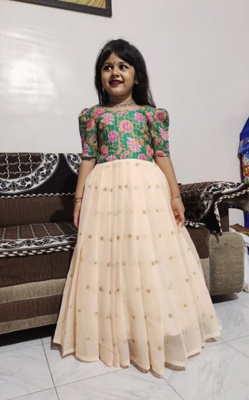 DESIGNER GEORGETTE SILK EMBROIDERY SEQUENCE WORK WITH TOP FULL PRINTED WORK KID'S GOWN CREAM