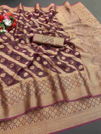 DESIGNER ORGANZA DESIGNER BORDER WORK SAREE WITH UNSTITCHED BLOUSE WINE