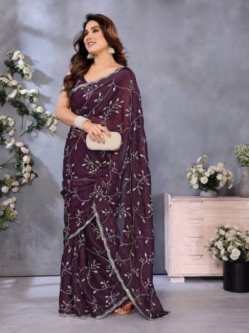 FANCY JIMMY CHOO EMBROIDERY WORK SAREE WITH UNSTITCHED BLOUSE WINE