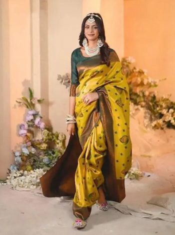 LATEST BANARASI LICHI SILK WEAVING WORK SAREE WITH UNSTITCHED BLOUSE LEMON