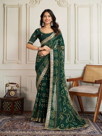 LATEST GEORGETTE RAJWADI BANDHEJ PRINT WITH EMBROIDERY WORK SAREE WITH UNSTITCHED BLOUSE GREEN