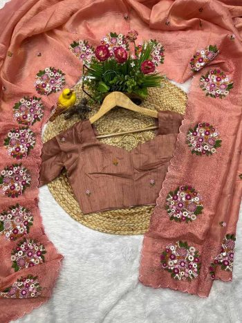 MODERN GOLD CRUSH MULTI COLOR THREAD WORK SAREE WITH UNSTITCHED BLOUSE PEACH