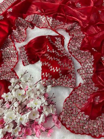 MODERN JIMMY CHOO SILK SEQUENCE WITH ARC BORDER WORK SAREE WITH STITCHED BLOUSE RED