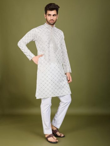MODERN VISCOSE SILK THREAD WITH SEQUENCE EMBROIDERY WORK MEN'S KURTA WITH DUPATTA WHITE
