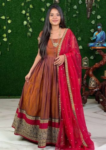 MOST PICKED VICHITRA SILK JACQUARD WORK ANARKALI TOP WITH DUPATTA ORANGE