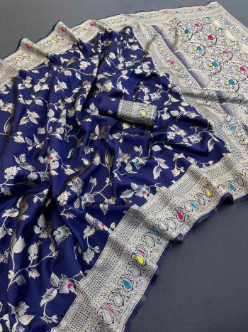 NEW ARRIVAL BANARASI SILK FLOWERS AND MINA WITH ZARI WEAVING BORDER WORK SAREE WITH UNSTITCHED BLOUSE BLUE