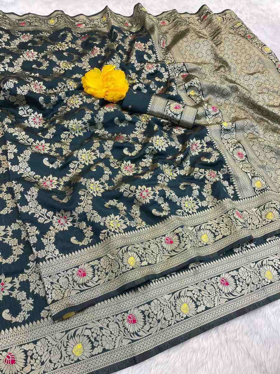 3NEW ARRIVAL BANARASI SILK FLOWERS AND MINA WITH ZARI WEAVING BORDER WORK SAREE WITH UNSTITCHED BLOUSE FESTIVE WEAR WHOLESALE PRICE ETHNIC GARMENT (18)