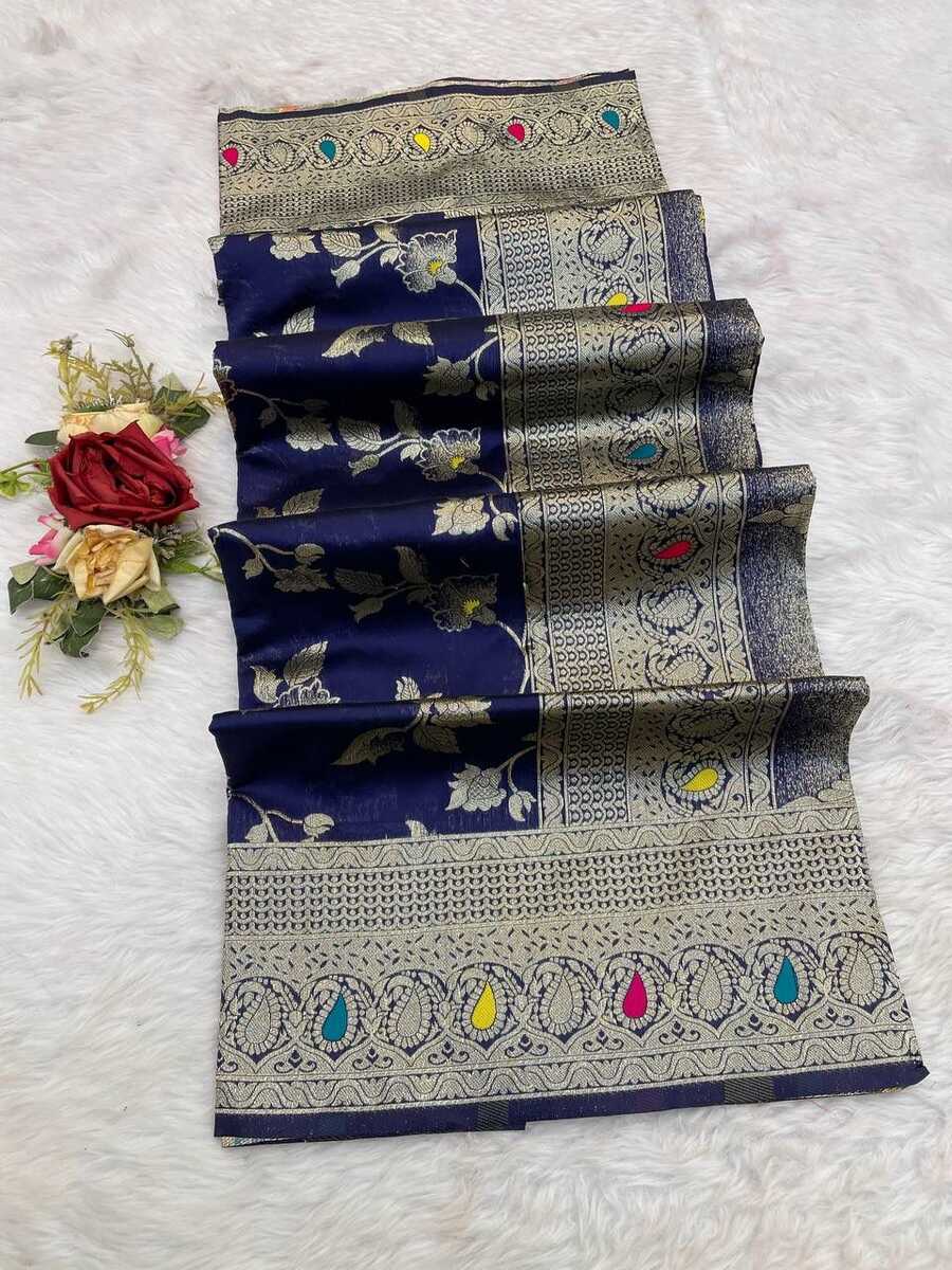 3NEW ARRIVAL BANARASI SILK FLOWERS AND MINA WITH ZARI WEAVING BORDER WORK SAREE WITH UNSTITCHED BLOUSE FESTIVE WEAR WHOLESALE PRICE ETHNIC GARMENT (9)