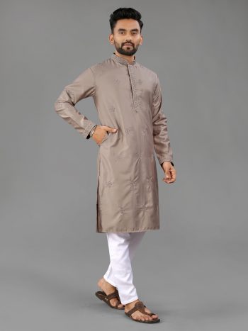 NEW ARRIVAL COTTON MATCHING VAL-MOTI BUTTA WORK MEN'S KURTA PAYJAMA BROWN
