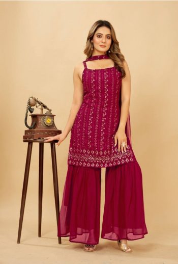 NEW ARRIVAL GEORGETTE SEQUENCE EMBROIDERY WORK TOP PALAZZO WITH DUPATTA PINK