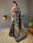 NEW ARRIVAL LINEN SLUB WEAVING WORK SAREE WITH UNSTITCHED BLOUSE BLACK