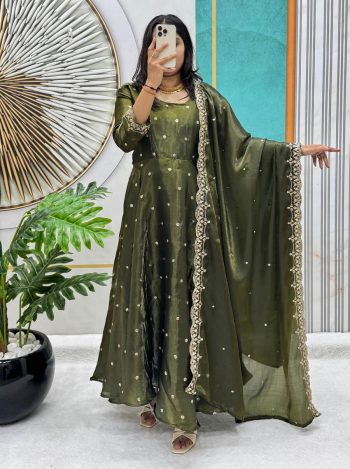 NEW ARRIVAL SPACE SILK SEQUENCE EMBROIDERY WORK GOWN WITH DUPATTA MEHNDI