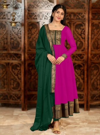 NEW ARRIVAL VICHITRA SILK JACQUARD LACE WORK ANARKALI TOP WITH DUPATTA PINK