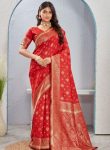 RICH LOOK LICHI SILK JACQUARD WORK SAREE WITH UNSTITCHED BLOUSE RED