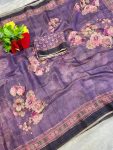 RICH LOOK LINEN FLORAL DIGITAL WITH FOIL PRINT WORK SAREE WITH UNSTITCHED BLOUSE LAVENDER