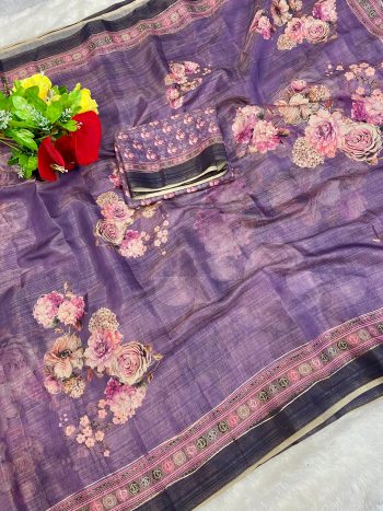 RICH LOOK LINEN FLORAL DIGITAL WITH FOIL PRINT WORK SAREE WITH UNSTITCHED BLOUSE LAVENDER